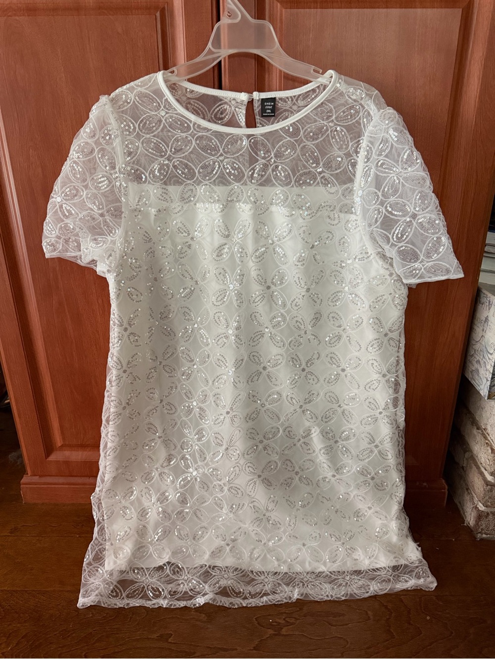 White Sequined Lace Overlay Dress